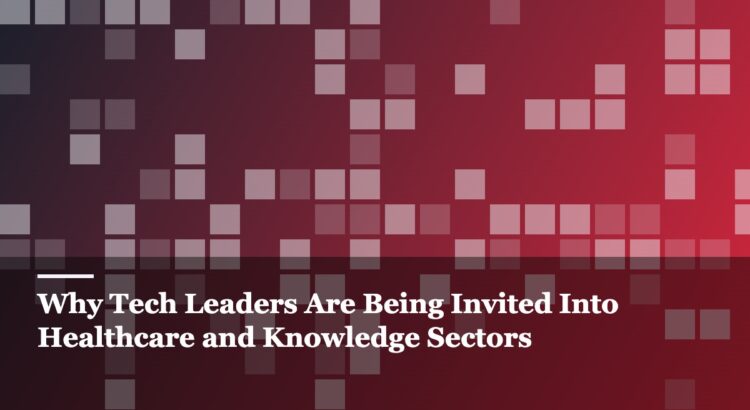Illustration linking a healthcare cross icon with circuit board patterns, showing the growing role of technology leaders in healthcare and knowledge sectors